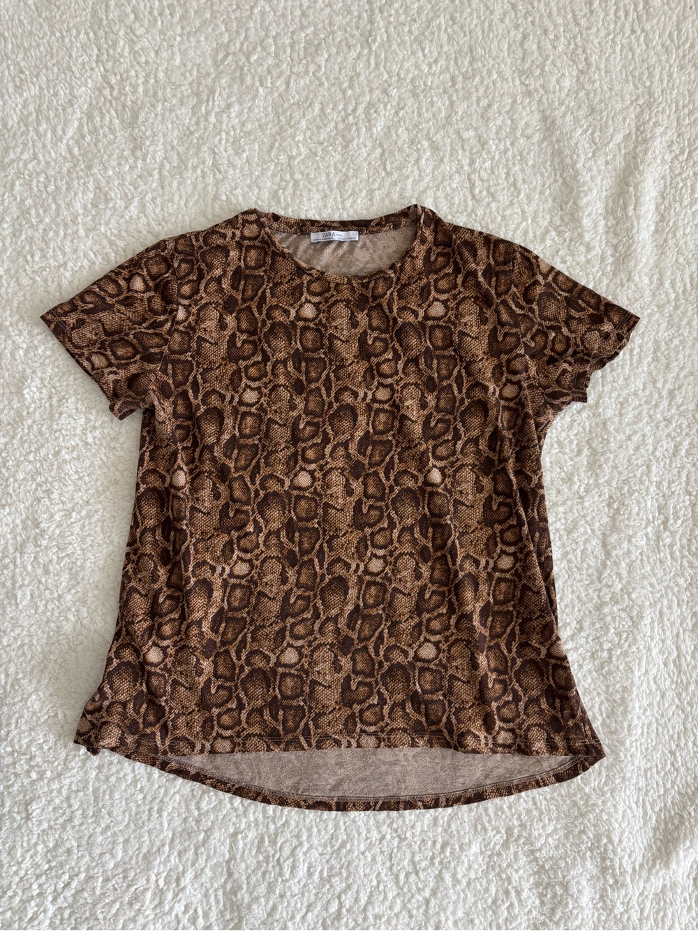 ZARA Basic Women’s Small Brown Snake Print Short Sleeve Top 100% Cotton Casual